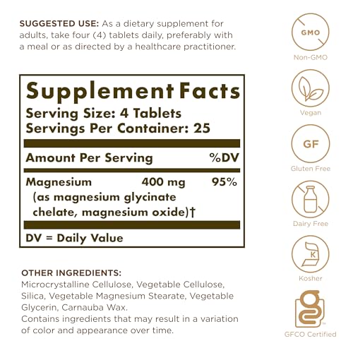 Solgar Chelated Magnesium - Supports Muscle and Nervous System - Mind Balance - Energy Release and Reduces Tiredness - Brown, 100 Tablets
