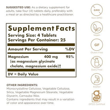 Solgar Chelated Magnesium - Supports Muscle and Nervous System - Mind Balance - Energy Release and Reduces Tiredness - Brown, 100 Tablets