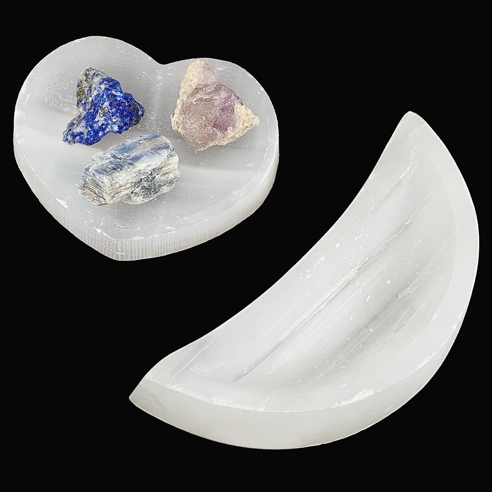 FINGERINSPIRE 2 PCS Selenite Crystal Bowl 2.8 inch Moon Selenite Bowl 2.5inches Heart Selenite Bowl Pure Selenite Smudge Bowl Natural Selenite Crystals Holder for Cleansing Charging Smudging Healing
