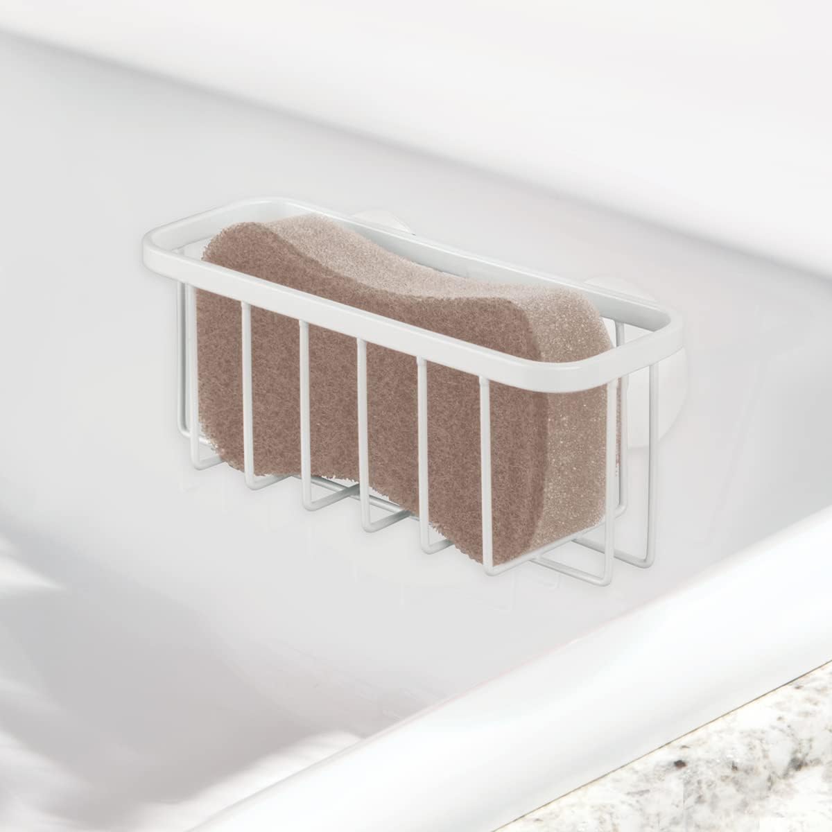 InterDesign Gia Kitchen Sink Suction Holder for Sponges, Scrubbers, Soap - Pearl White
