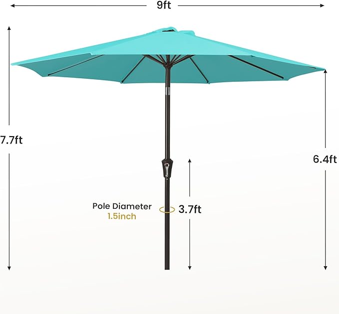 MEWAY 9ft Patio Umbrella Outdoor Table Umbrellas with Push Button Tilt and Crank, Market Umbrella 8 Sturdy Ribs for Deck, Garden, Pool and Backyard, Teal