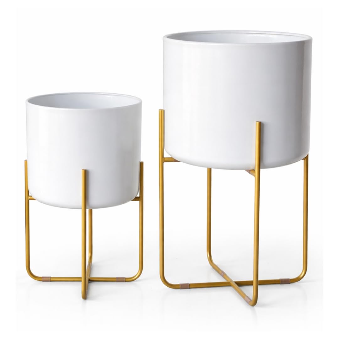 Kirpi Modern Planter Pots, Set of 2 Round White Planters with Gold Stand, Decorative Floor Planters, Metal Pots with Drainage Holes for Living Room, Office, Garden Balcony, 9 and 11 Inch Diameter
