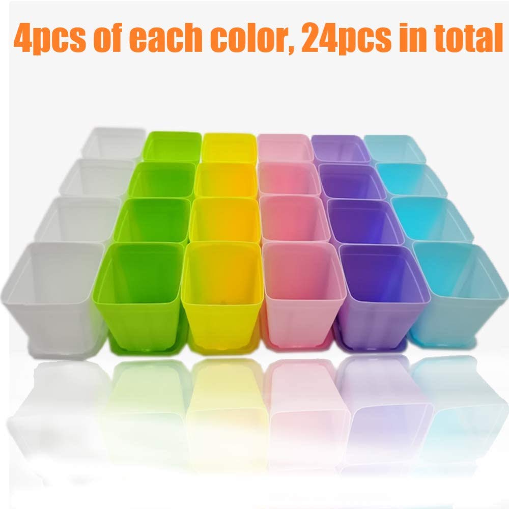 KAHEIGN 24Pcs Square Plant Pots, 7cm Thicken Plastic Flower Pots Succulent Planter Nursery Pots with Pallet/Trays for Small Potted Plants (6 Colors)