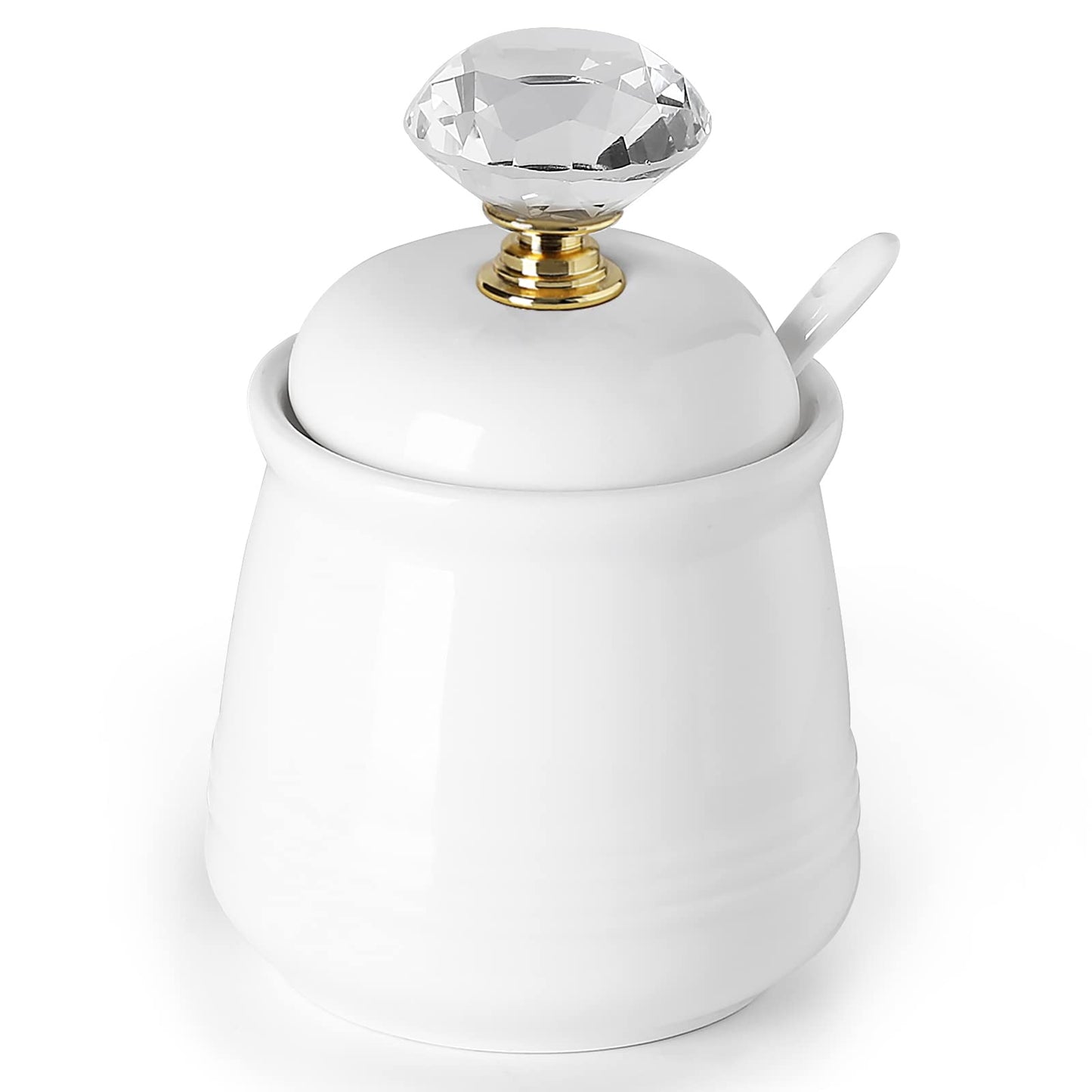ONTUBE Ceramics Sugar Bowl with Crystal Lid and Spoon 12oz, Gold