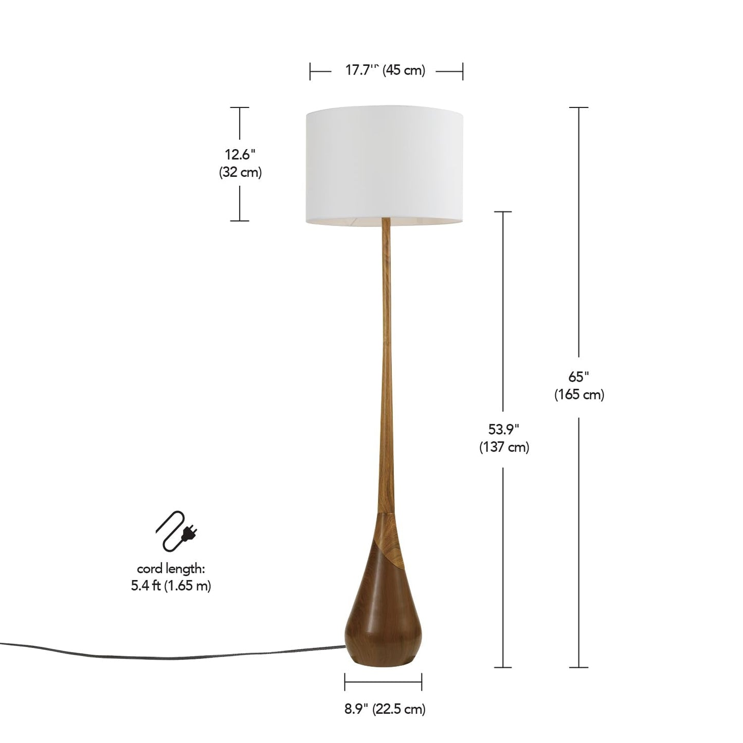 Globe Electric Novogratz x Globe Harrington 65" Floor Lamp, 2-Tone Faux Wood Base, White Fabric Shade, Socket Rotary Switch 67225