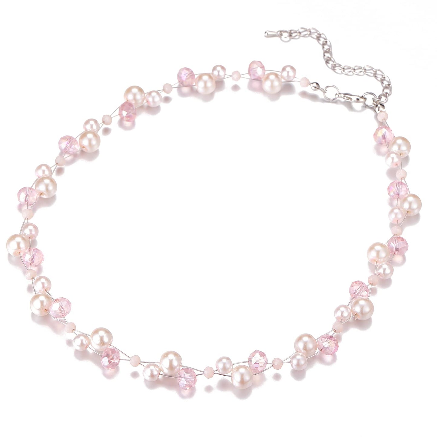 Short Beaded Turquoise Necklace For Women - Fashion Jewelry with Pearl and Crystal Bead, Birthday Gifts For Women (27-light pink)