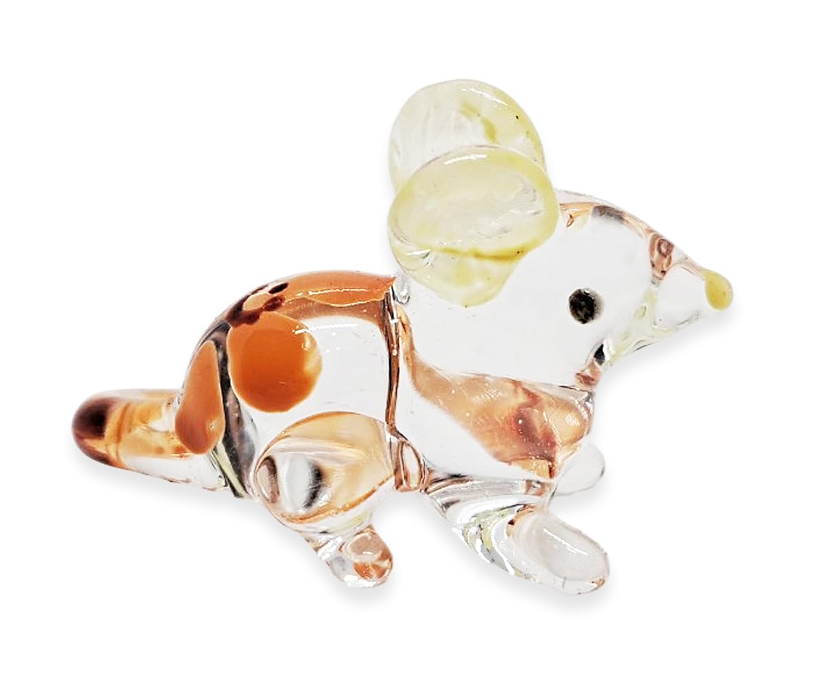 WitnyStore Tiny 1⅜" Clear Mouse Yellow Flower Figurine - Miniature Hand Blown Painted Glass Mice Rat Shrew Rodent Small Crystal Animals Cute Decorative Figures Collectible Figurines Home Décor Gifts
