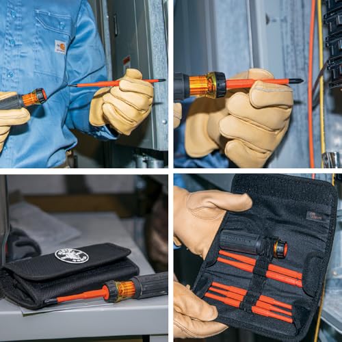 Klein Tools 32288 Insulated Screwdriver, 8-in-1 Screwdriver Set with Interchangeable Blades, 3 Phillips, 3 Slotted and 2 Square Tips, Black/Orange