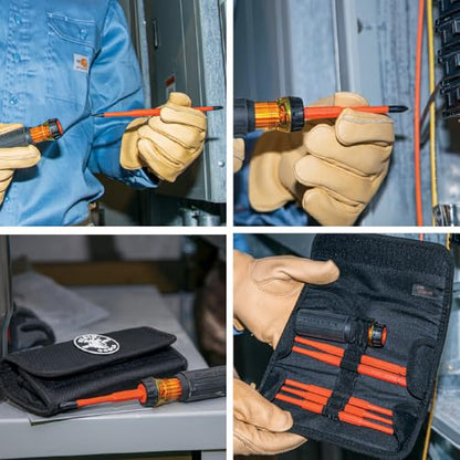 Klein Tools 32288 Insulated Screwdriver, 8-in-1 Screwdriver Set with Interchangeable Blades, 3 Phillips, 3 Slotted and 2 Square Tips, Black/Orange