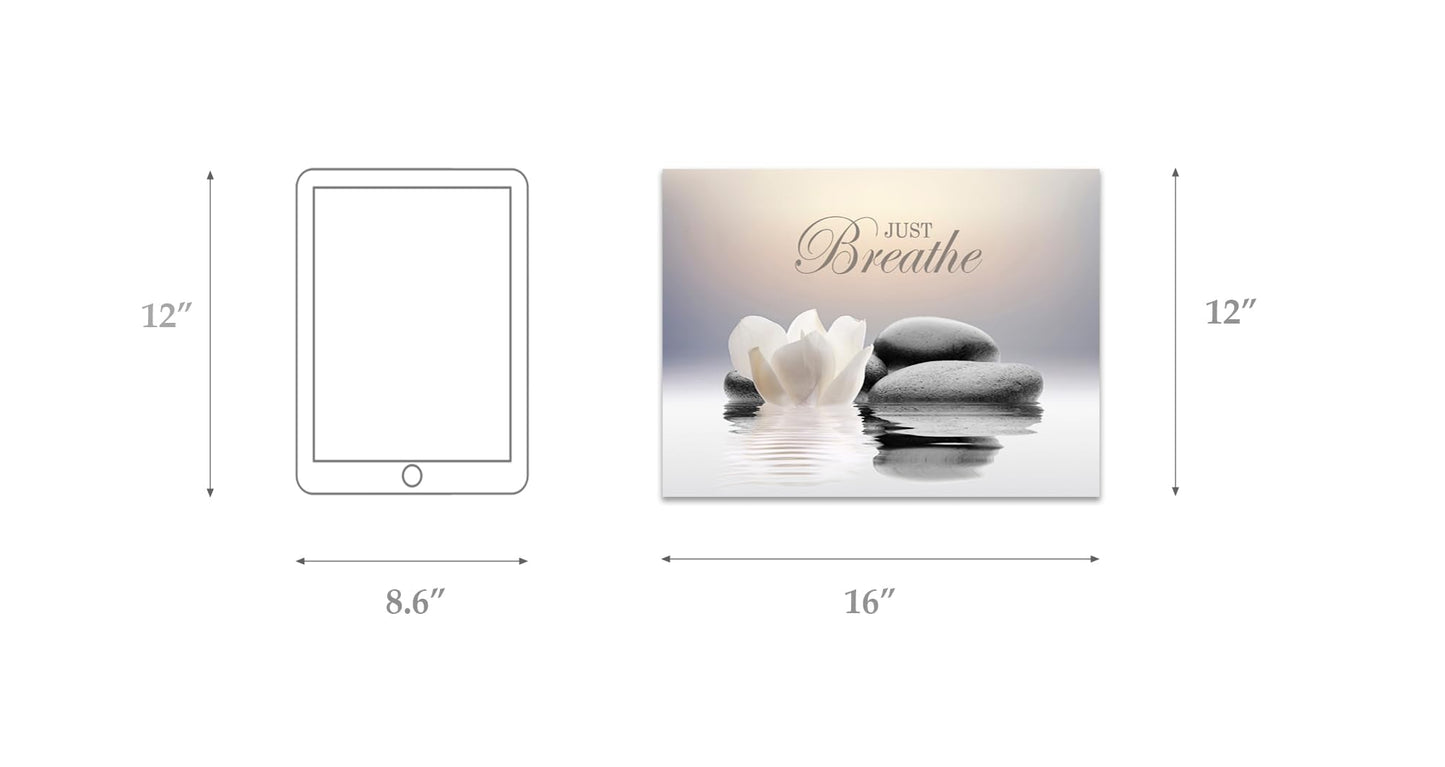 Zen Stone Canvas Wall Art Just Breathe Yoga Quotes Poster for Spa Decor White Lotus Flower Pictures Prints for Bathroom Modern Spiritual Artwork Framed (12 x 16inches)