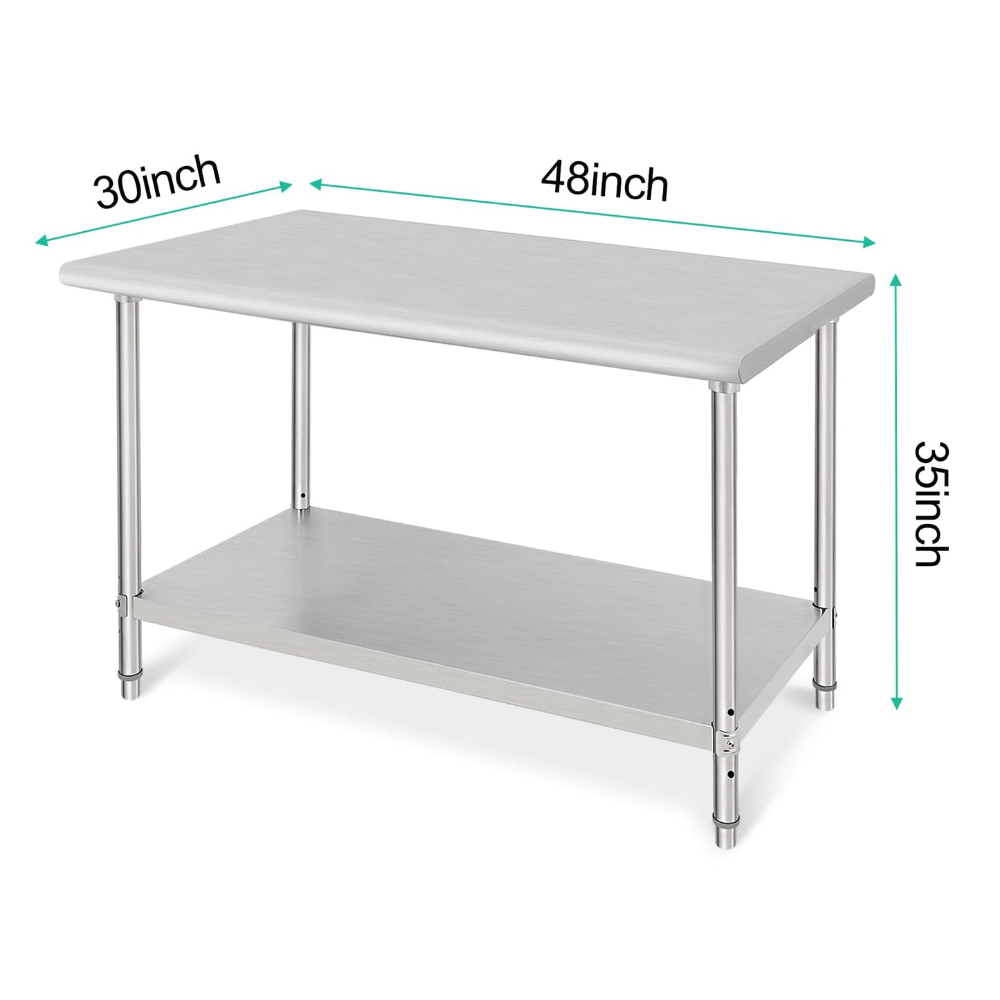 48x30 Inch Stainless Steel Prep Table, Heavy-Duty Commercial Work Table with Adjustable Undershelf for Restaurant, Kitchen & Home Use