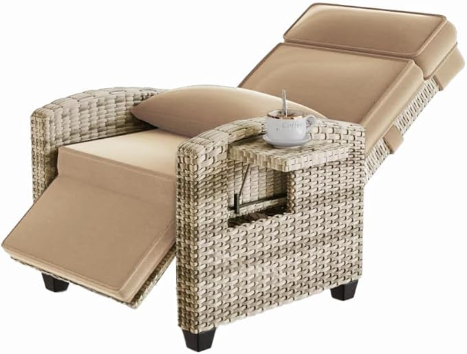 Towallmark Adjustable Rattan Recliner Chair, Patio Lounge Chairs with Cushion, Outdoor Porch Chaise with Flip Up Side Table & Footrest for Porch, Outside Balcony, Deck