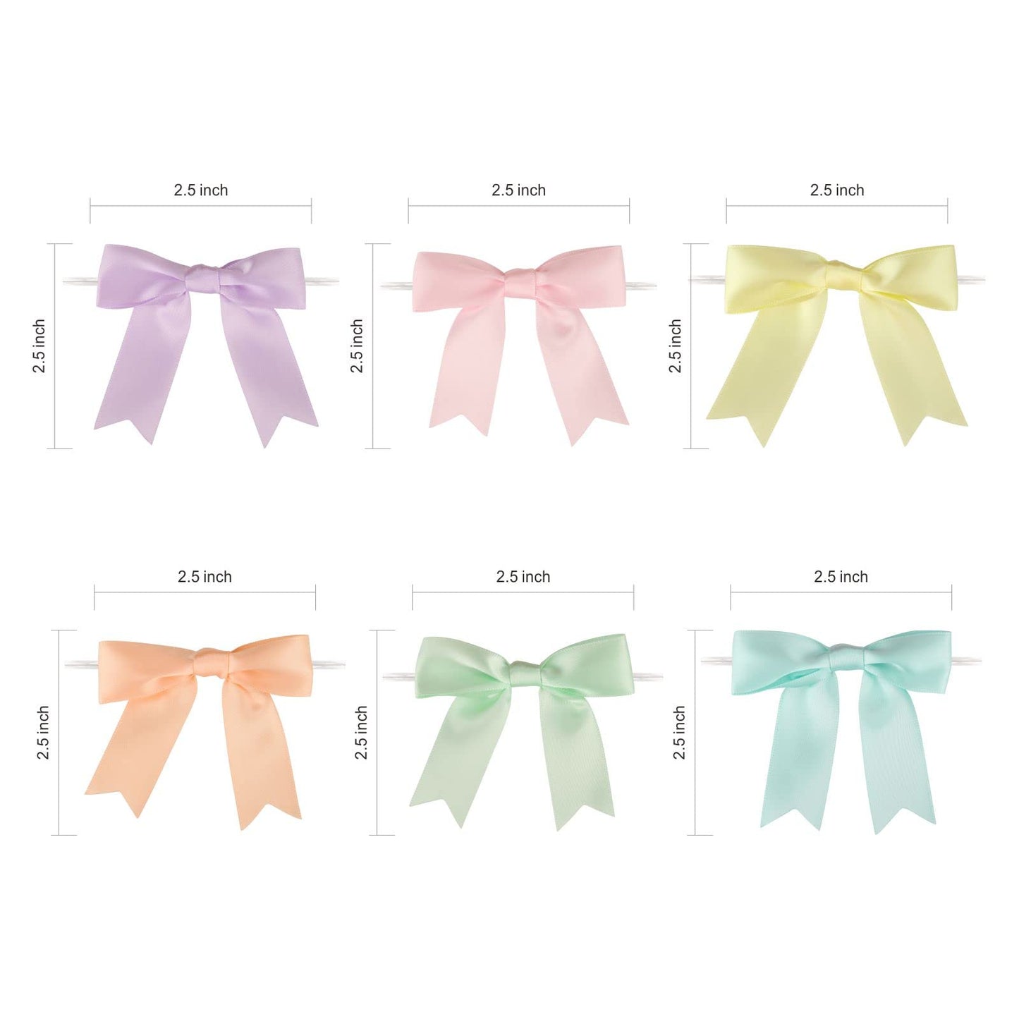 Meseey 60 Pcs Pastel Rainbow Satin Ribbon Bows with Twist Tie 2.5 Inch Pretied Premade Colored Craft Bows for Gift Wrapping Basket Wedding Baby Shower Brithday Party (2.5“, Pastel)