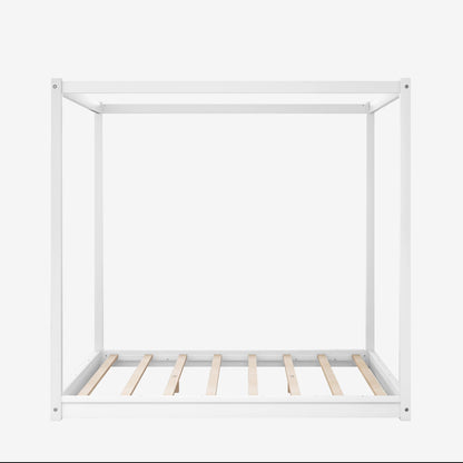 Merax Wooden Canopy Platform Bed Frame Queen Size Floor Bed/Mattress Foundation with Slat Support White
