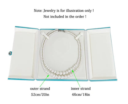 Aqua Teal Velvet Jewelry Box for Large Necklace Luxury Pearl Strand Presentation Case, Tri-Panel Flat Open Design, Button Clip Closure, Cream Velvet Interior, Gift Box for Wedding Birthday