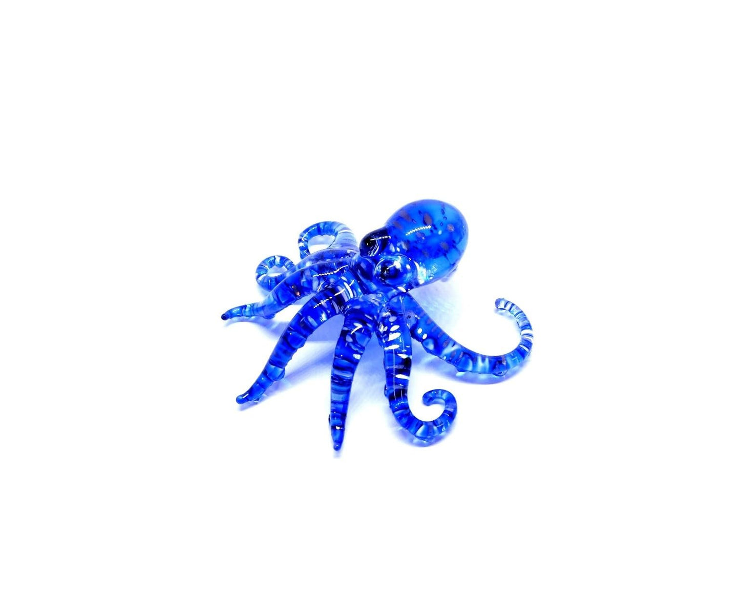 Handmade Mini 2" Blow Glass Sea Animals Figurine Art, Octopus, Cool Stuff, Home or Garden Decor Gift Ideas (Blue with Silver Polka Dots) No.9