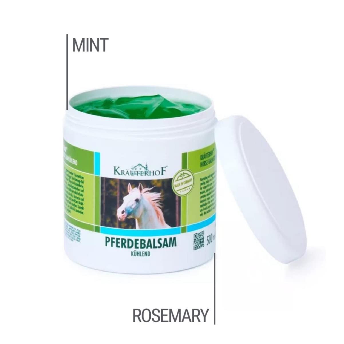 Kräuterhof Horse Balm Cools and Revitalises Precious Herbal Extracts from Horse Chestnut Arnica Rosemary and Mint Oil 500 ml Tub Sealed with Aluminum Foil