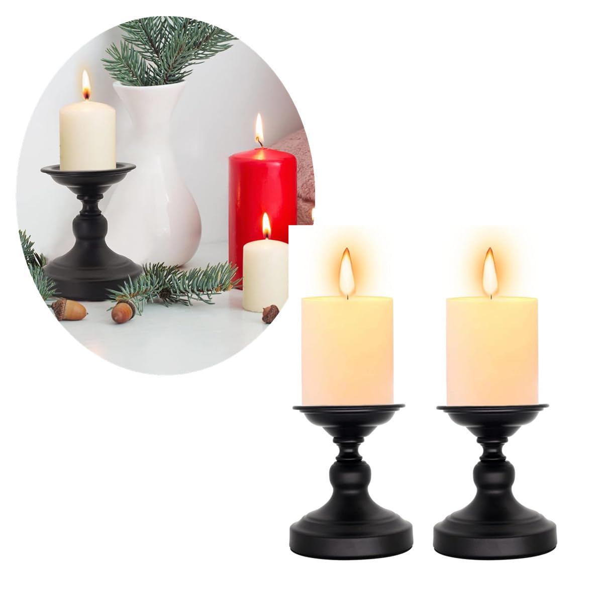 Metal Black Candle Holder for Pillar, Iron Candlestick Holder Stand for Home Coffee Decor Decorations, Table Centerpiece, Wedding Reception (2 Pack)