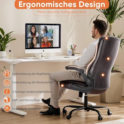 Sweetcrispy Computer Gaming Chair, Ergonomic High Back Heavy Duty Task Desk Office Chairs with Wheels, Flip-up Arms, Adjustable Height, PU Leather,Dark Brown