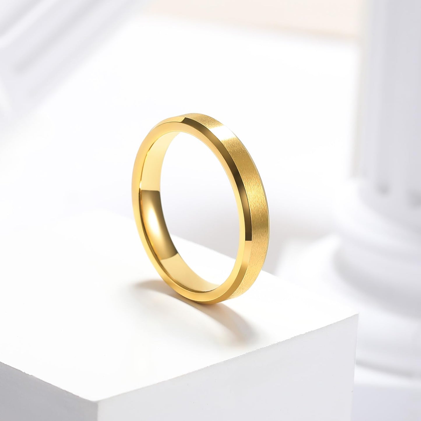 King Will 4mm Gold Tungsten Wedding Band Basic Wedding Ring For Men with Brushed Matte Surface Beveled Polished Edge Comfort Fit 14