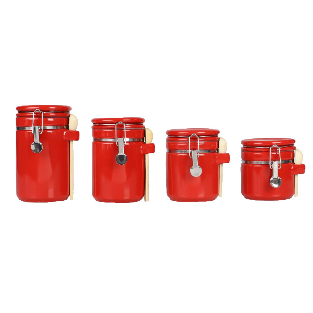Canister Sets For The Kitchen (4 Piece Set) Red, High Gloss Ceramic | By Home Basics | Decorative | With Wooden Spoons, Countertop Set For Flour, Sugar, Coffee, and Snacks