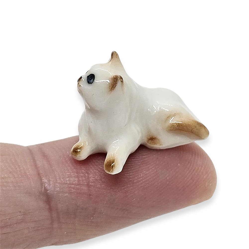 ChangThai Design Tiny ¾ Inch Lying Look Up Himalayan Persian Longhaired Cat - Miniature Hand Made Ceramic Cats Kittens Feline Animals Cute Porcelain Decorative Figure Collectible Figurines Décor Gifts