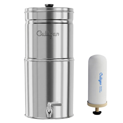Culligan MaxClear 3 Gallon Gravity Water Filter System, Polished Stainless-Steel Countertop Water Filter NSF/ANSI Certified to Reduce Microplastics, Lead & Total PFAS, with 1 Ceramic Filter