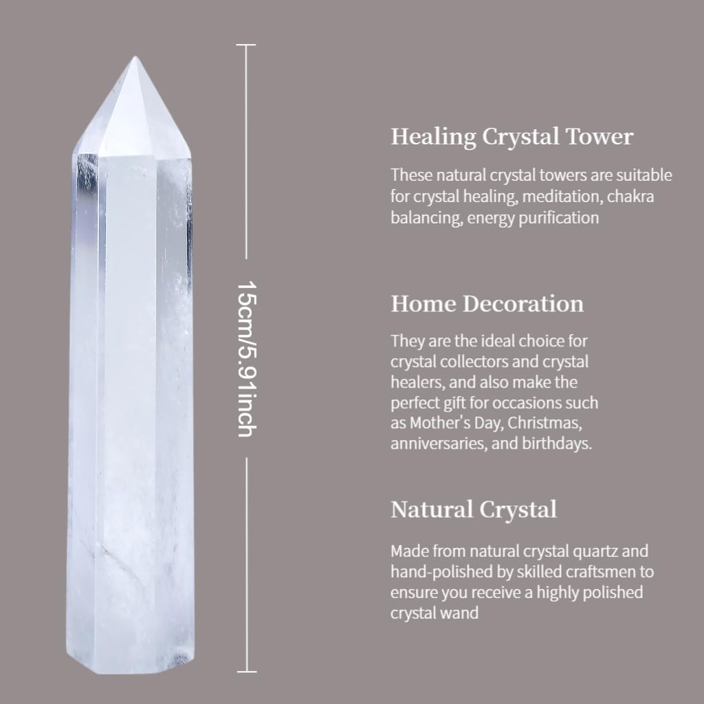 RUIJINGYUAN Clear Quartz Crystal Tower 6-6.3" - 6 Faceted Single Point Crystal Wand for Chakra, Reiki, Meditation & Energy Healing Home Decor Gift