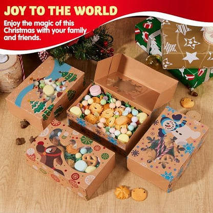 JOYIN 24PCS Christmas Cookie Boxes for Gift Giving, 8.5" x 5.75" x 2.75" Xmas Holiday Treat Cookie Tin with Window, 3 Designs Brown Foiled Kraft Bakery Boxes for Pastries, Cupcakes, Brownies, Doughnut
