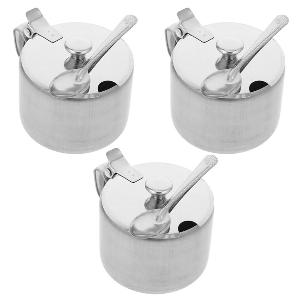 PRETYZOOM 3-Piece Stainless Steel Condiment Jars with Spoon & Handle – Airtight Sugar, Salt & Spice Containers for Kitchen Counter Organization, Coffee Bar & Pantry Storage