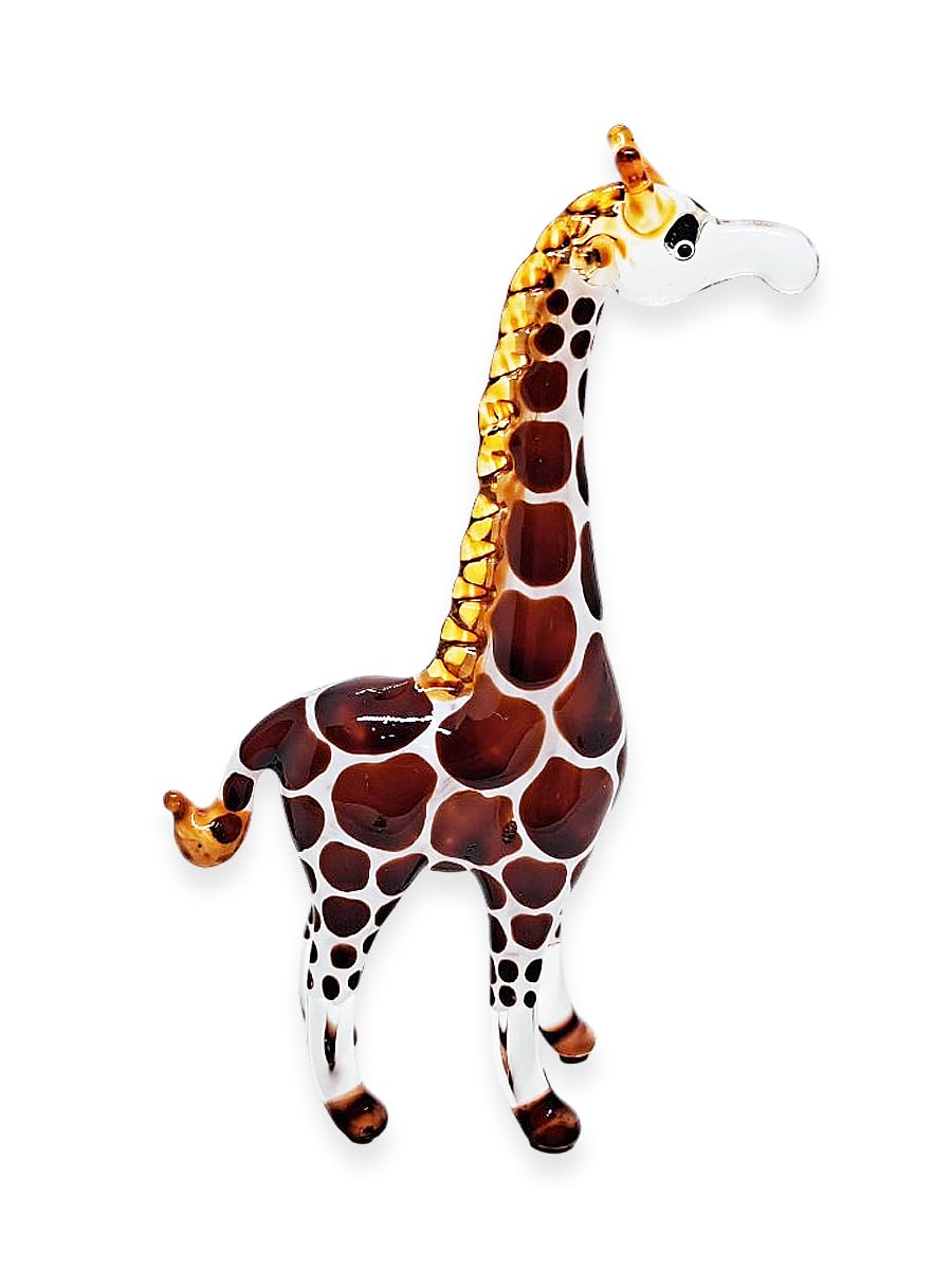 ChangThai Design Tiny 2⅝" High Brown White Giraffe Standing Figurine - Miniature Hand Blown Glass Giraffes Savanna Wildlife Long Neck Tallest Animals Crystal Decorative Collectible Figures Décor Gifts