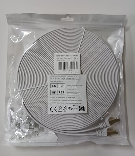 BUSOHE Cat 8 Ethernet Cable 20m, High Speed Flat Gigabit RJ45 Lan Network Cable, 40Gbps 2000Mhz Internet Patch Cord Compatible with Router, Modem, PC, Laptop, Printer (White)
