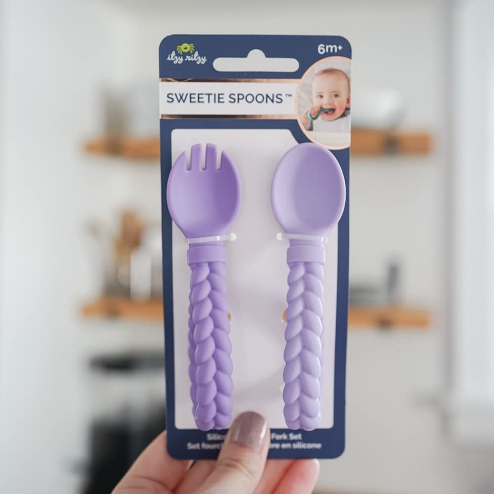 Itzy Ritzy Silicone Spoon & Fork Set; Baby Utensils Featuring a Baby Fork and Spoon with Looped, Braided Handles - Made of 100% Food Grade Silicone & BPA-Free - Ages 6 Months and Up (Amethyst/Purple)