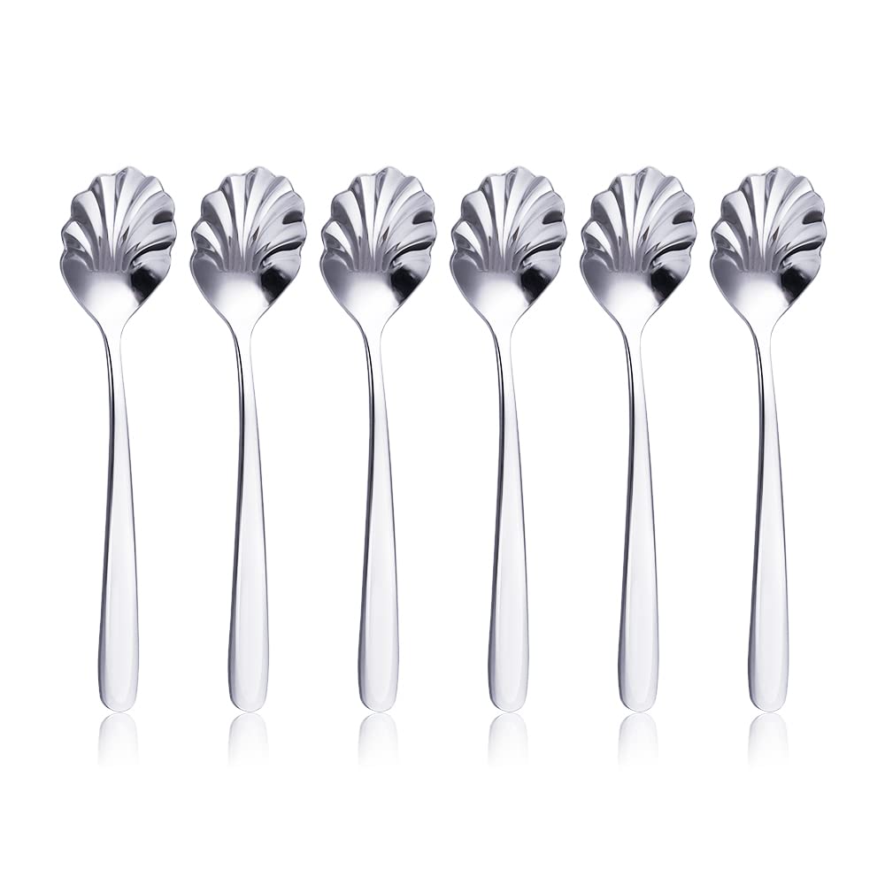 Stainless Steel Shell-Shaped Spoon, Sugar Spoon, Tea Spoon, Dessert Spoon for Coffee, Tea, Ice Cream, Appetizers & Charcuterie, Polished Silver, Reusable & Dishwasher Safe