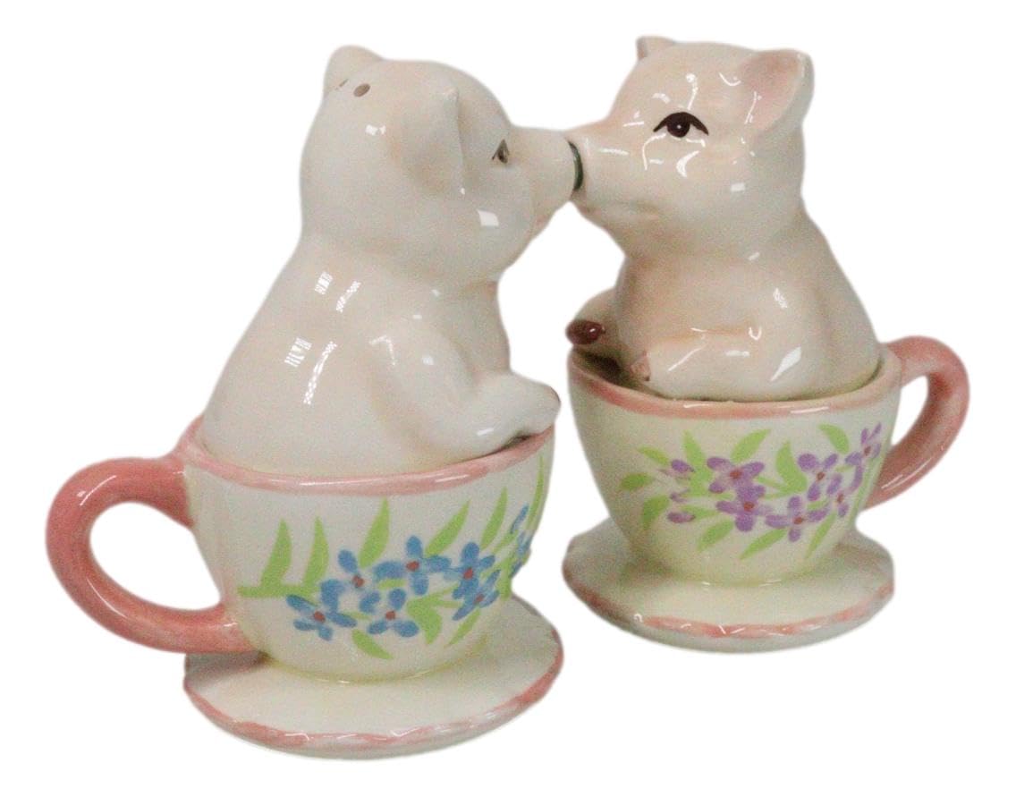 Ebros Ceramic Pastel Pink Adorable Tea Cup Pigs In Miniature Teacups Kissing Salt And Pepper Shakers Set Valentines Love Porky Pig Themed Figurines Party Kitchen Collectible Decorative Accents