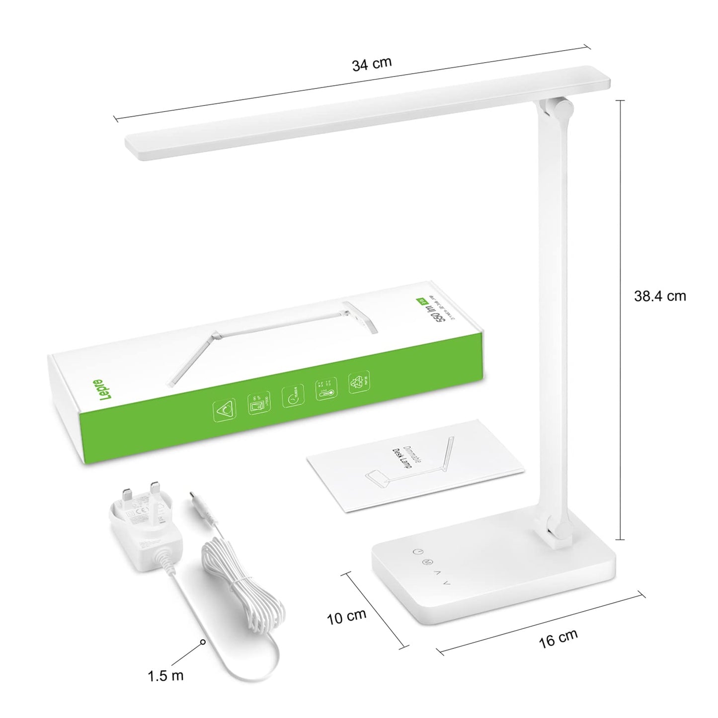 Lepro Desk Lamp, LED Desk Lamp with Power Adapter, 9.2W 800lm, Dimmable Desk Lamps Office, 5 Brightness Levels x 5 Colour Modes, Touch Control Daylight Lamp for Office, Study, Bedroom, Nails, Reading