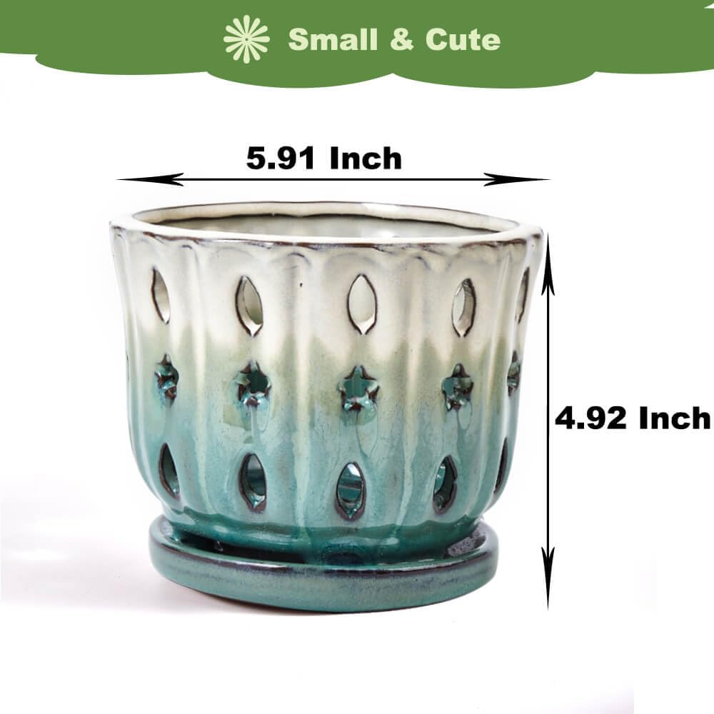 NiSevenLiving Orchid Pots with Holes Attached Saucers 6 Inches - 1 Pcs Small Ceramic Pots for Repotting, Decorative Ceramic Orchid Planter with Hole for Healthy Root Growth White Over Green