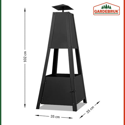 GARDEBRUK® Pyramid Fire Pit | Smoke Outlet | Garden Patio Heater with Lockable Door | Firm Stand | Wood Charcoal Fire Basket Chimenea with Poker | 102cm / 40' | 5kg | Black