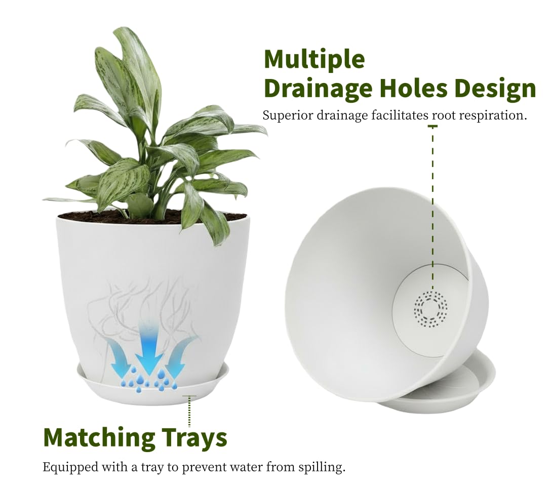 Vanslogreen Plant Pots 8 Inch Set of 6, Flower Pots with Drainage Holes and Saucer, Plastic Garden Planters for Indoor & Outdoor Plants (White)