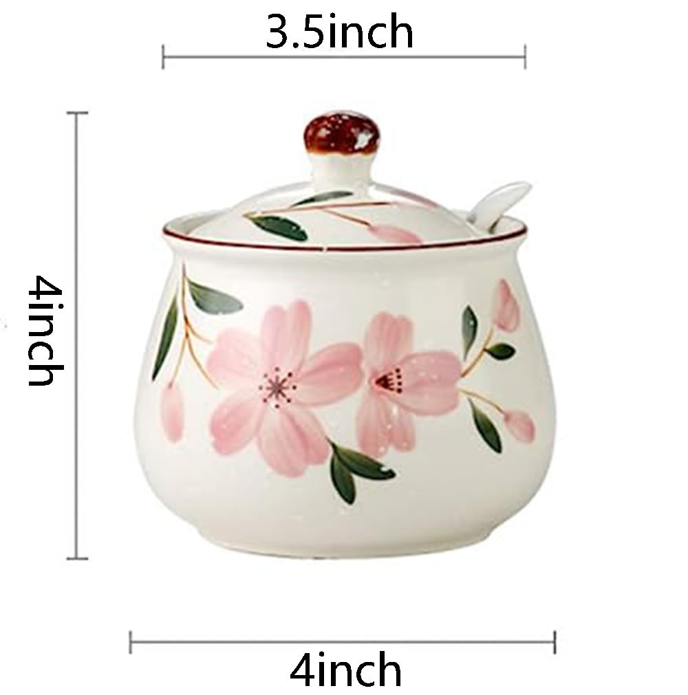 Ceramic Sugar Bowl, Flower Pattern Seasoning Jar with Lid Spoon, Sugar Pot