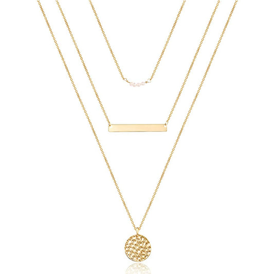 Dainty Layering Simulated Pearls Bar Necklace Hammered Disc Pendant Necklaces Simple Layering Necklace Choker for Women