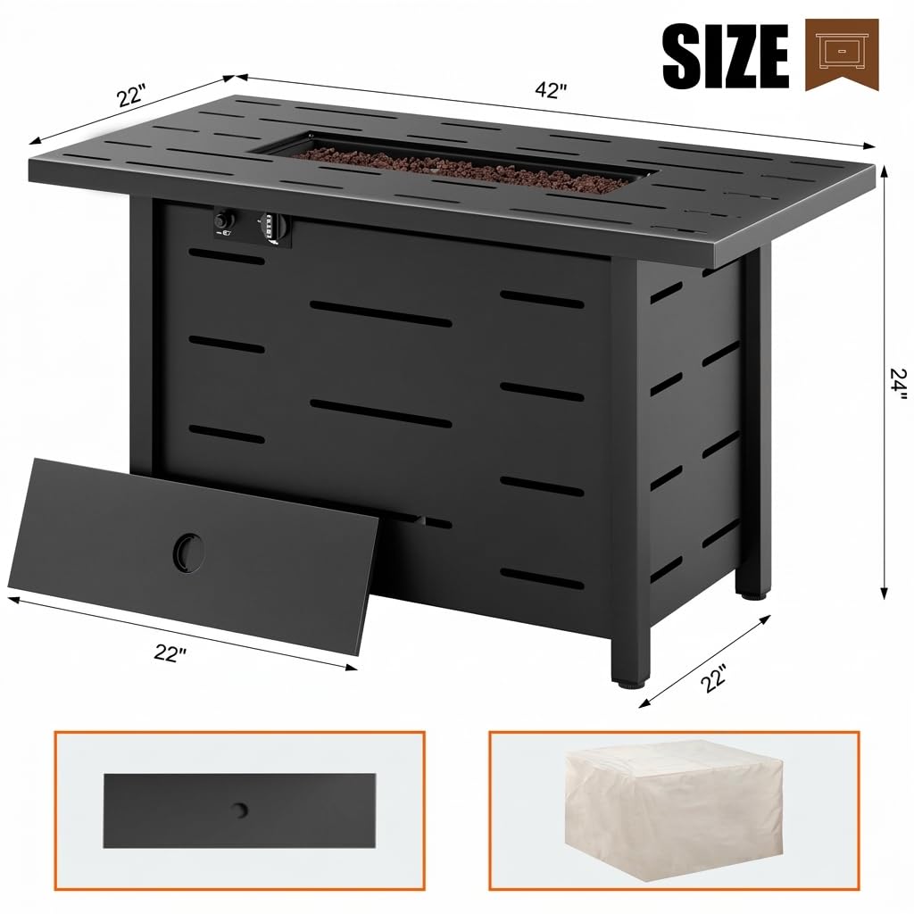 Shintenchi 42" Outdoor Propane Fire Pit 50,000 BTU Gas Fire Pit Table with Lid, Waterproof Cover, Rectangle Gas Firepit Table for Garden/Patio, CSA Certification, Black