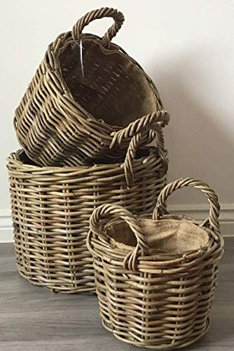 Round Kindling/Storage Basket, Hessian Lined, Excellent Quality, Very Strong Kuba Rattan (Small)