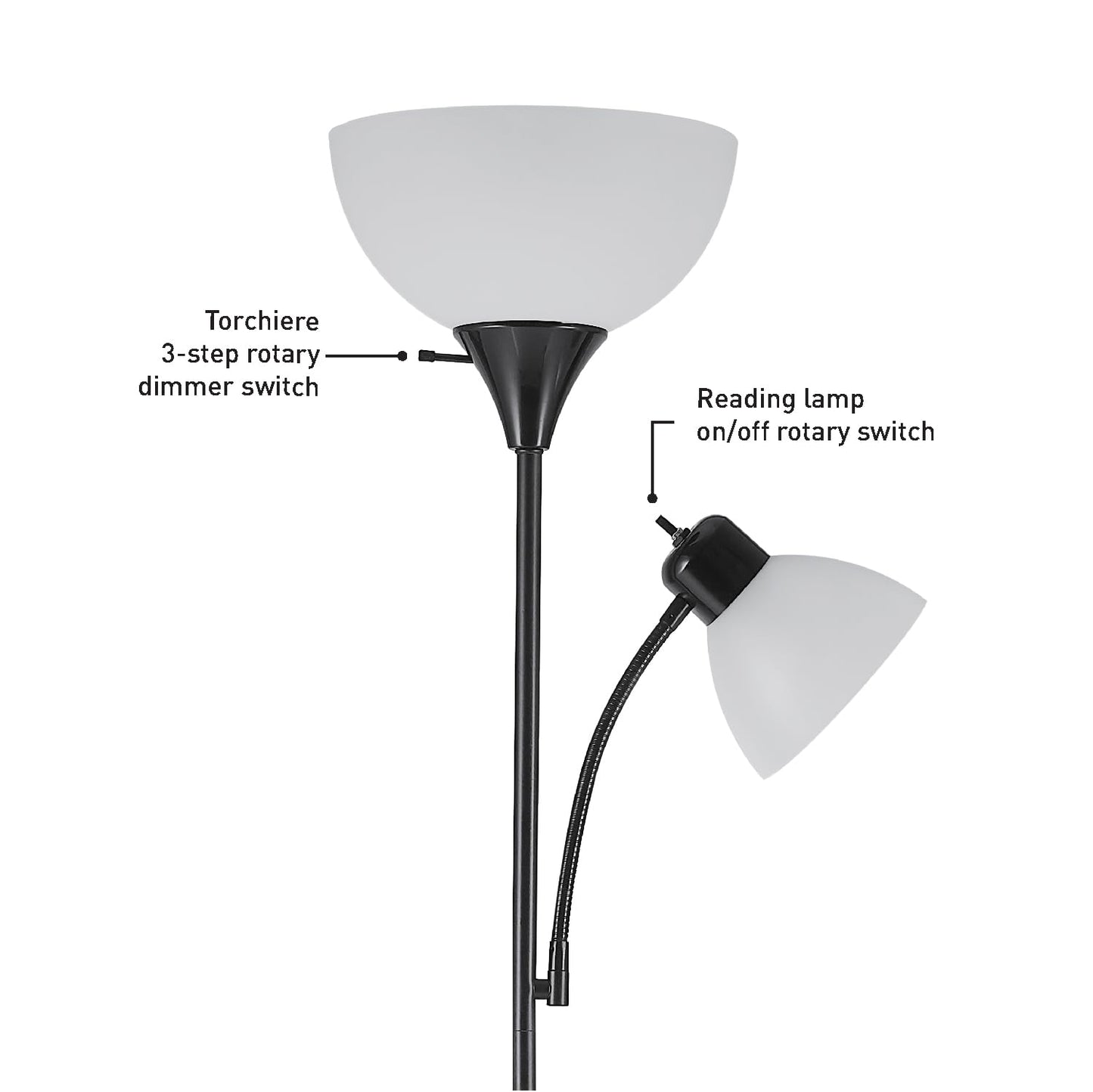 Globe Electric 67135 72" Floor Lamp with Adjustable Reading Light, Bright, Easy-to-Assemble Torchiere for Bedroom, Living Room & Office - Space-Saving Slim Design