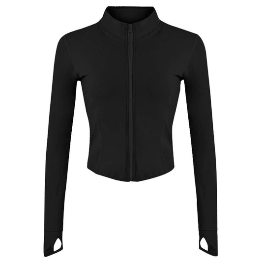 Gihuo Women's Athletic Full Zip Lightweight Workout Jacket Cropped Gym Yoga Track Jacket with Thumb Holes (Black, Medium)