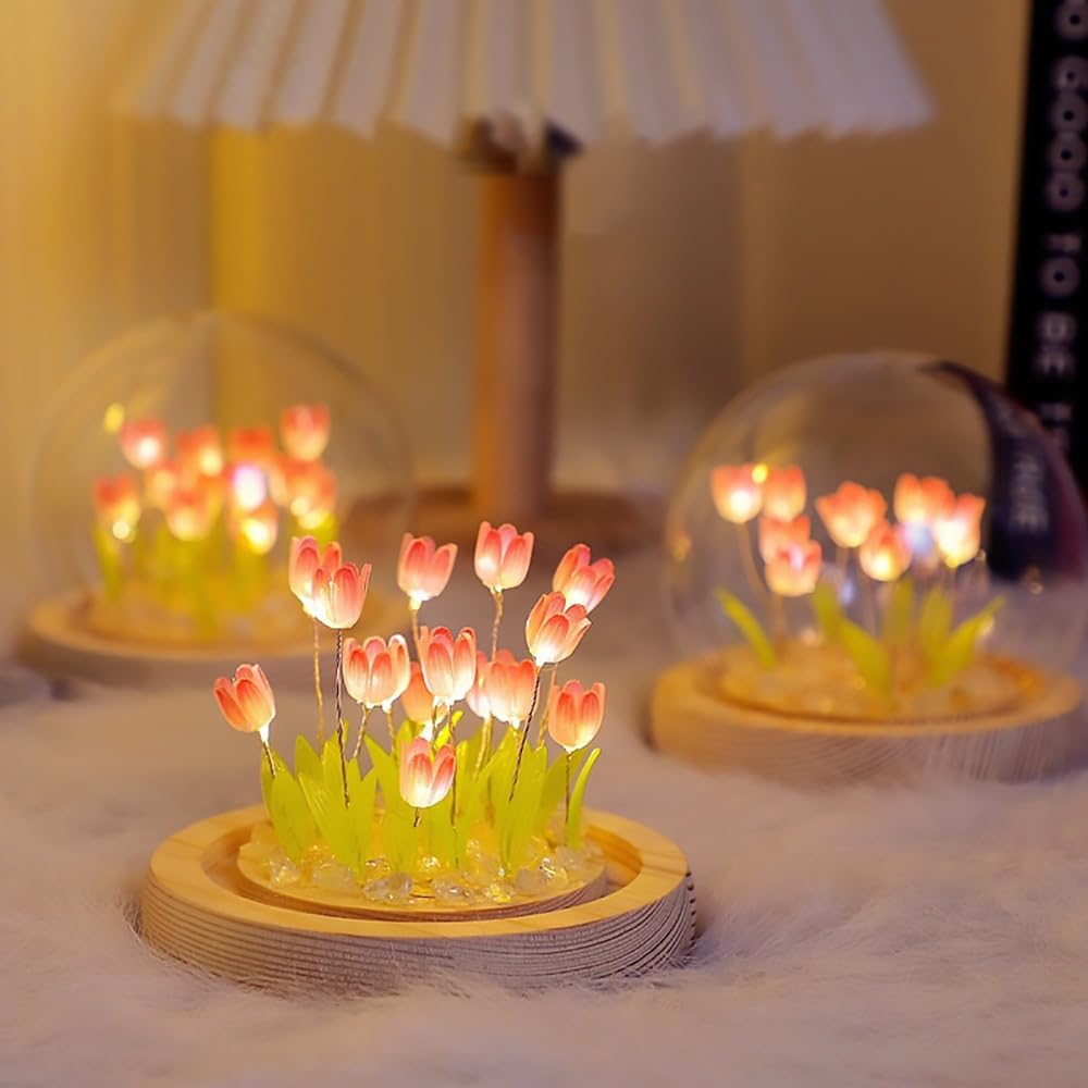 LOGAZOO Mothers Day Gifts for Mom – Tulip Lamp with Glass Dome, 20 LED Flower Night Light, Gift for Mom from Daughter Son, Birthday Christmas Holiday Gifts for Women, Bedroom Desk Decor