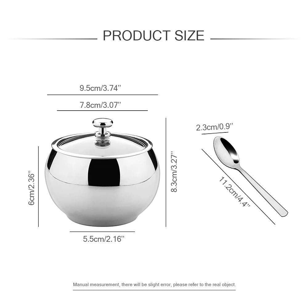 KEMIYIXIAN Stainless Steel Sugar Bowl with Lid and Spoon, Polished Shiny Condiment Pots for Serving Sugar Pepper Salt Spice- 330ml/ 11.6 Oz