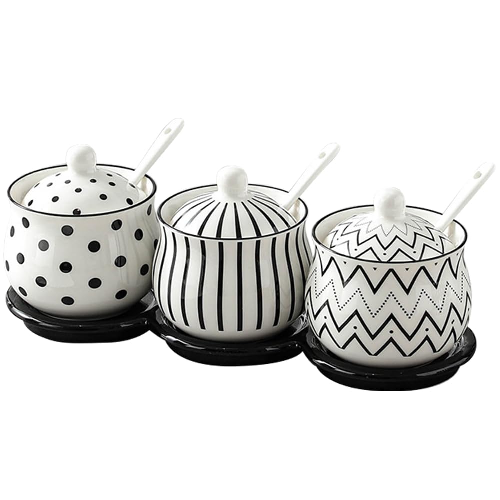 Ceramic Spice Jars Porcelain Condiment Jars Set with Spoon and Lid Condiment Pots for Salt, Sugar, Pepper Seasonings Set of 3 (White Ceramic Tray)