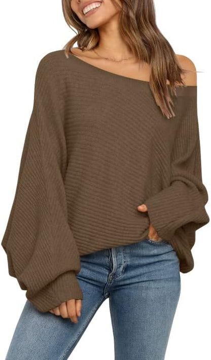 Mafulus Women's Oversized Crewneck Sweater Batwing Puff Long Sleeve Cable Slouchy Pullover Jumper Tops