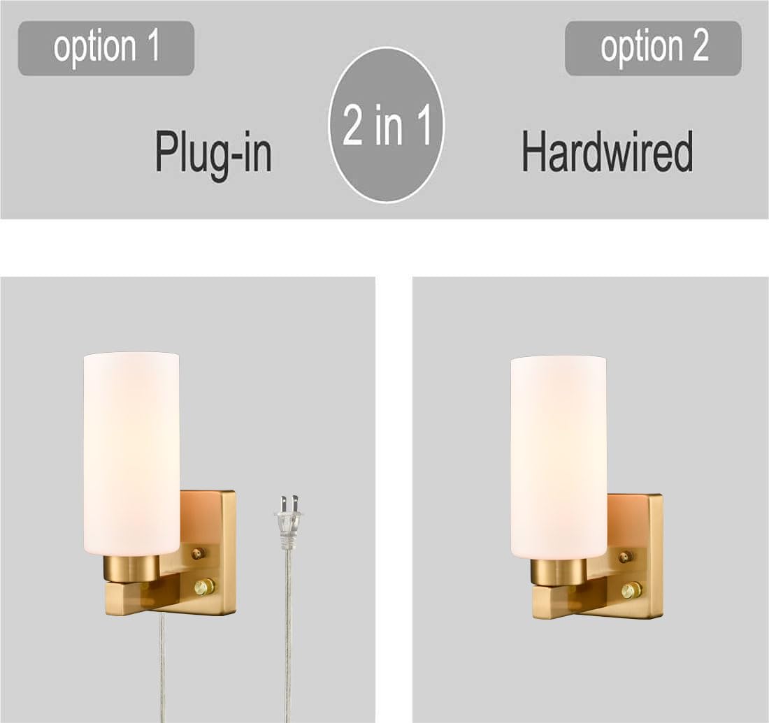 DEYNITE Modern Plug in & Hardwired Wall Sconce Brass Bathroom Vanity Light